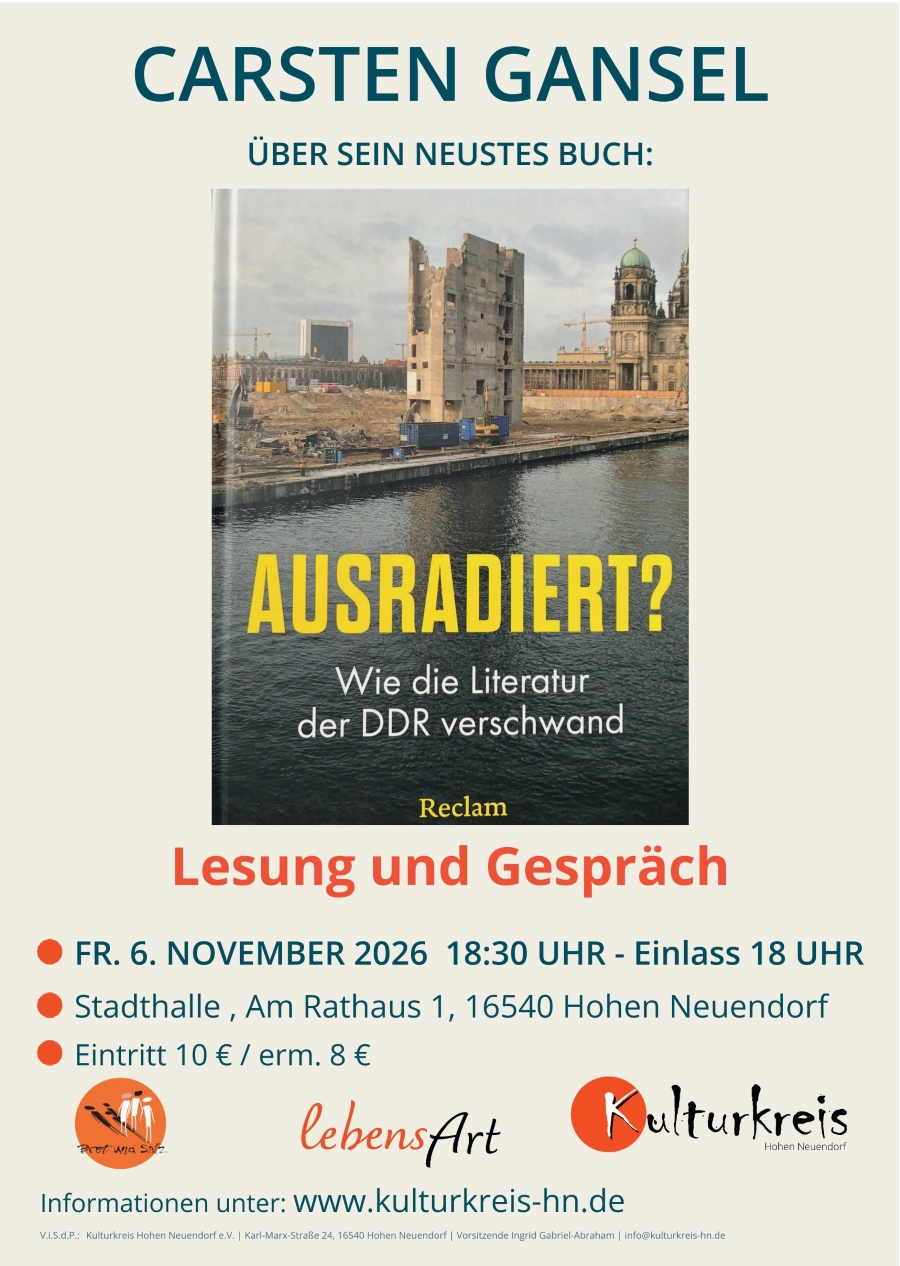 Das Plakat zur Lesung von Carsten Gansel in Hohen Neuendorf